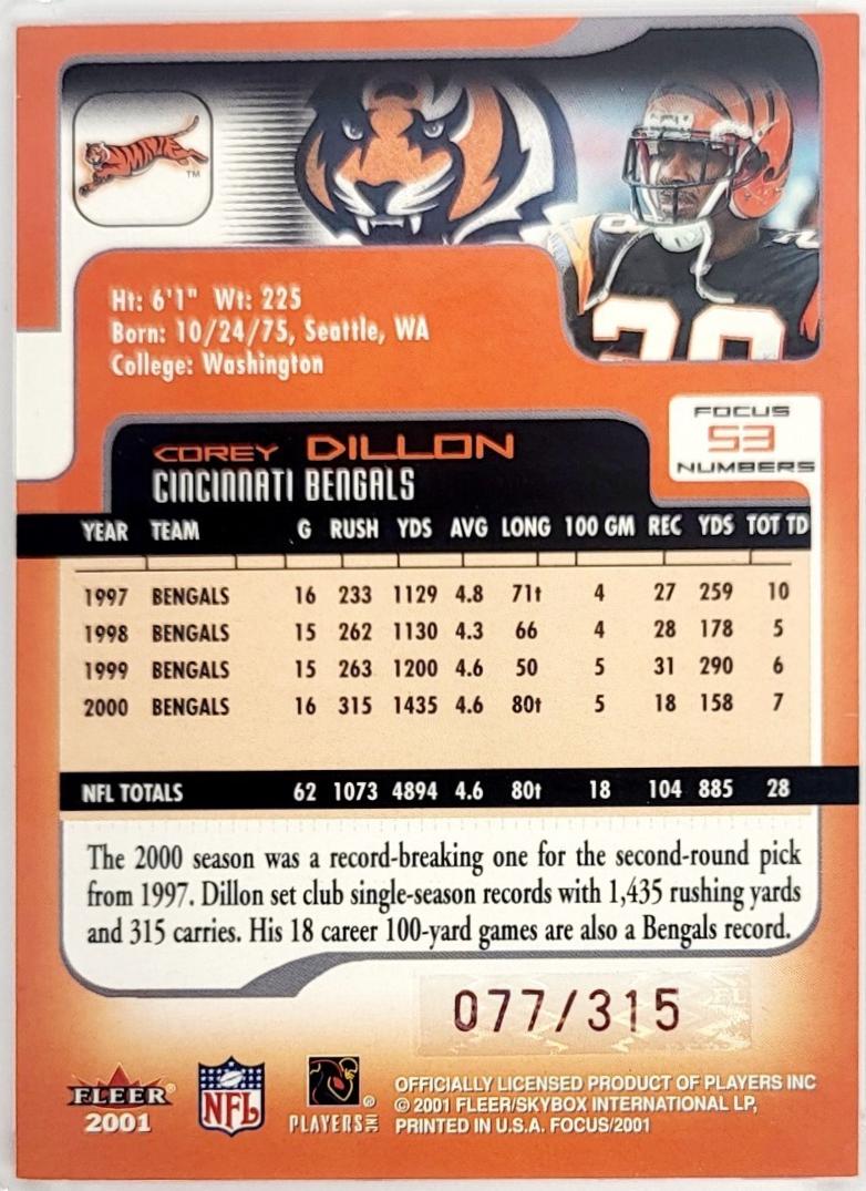 Corey Dillon #53 Football Cards 2001 Fleer Focus