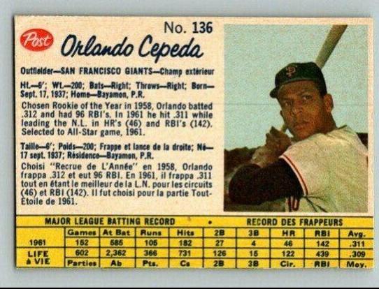 Orlando Cepeda #136 1962 Post Canadian Baseball