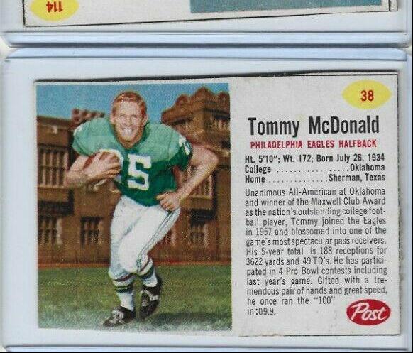 Tommy McDonald #38 Football Cards 1962 Post Cereal