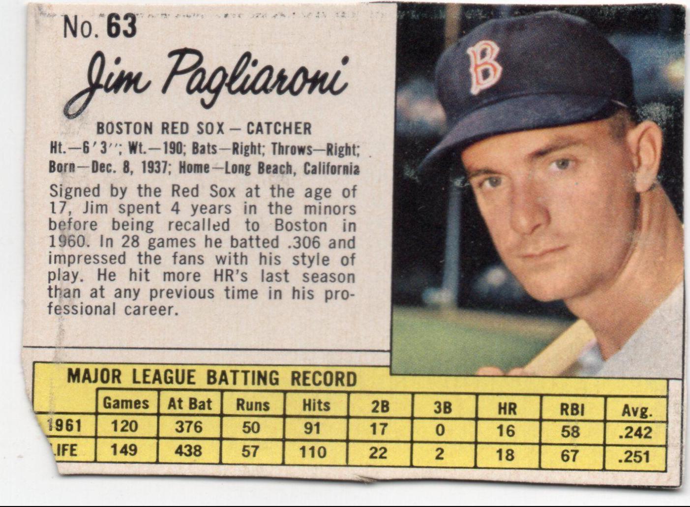 Jim Pagliaroni #63 1962 Jell O Baseball