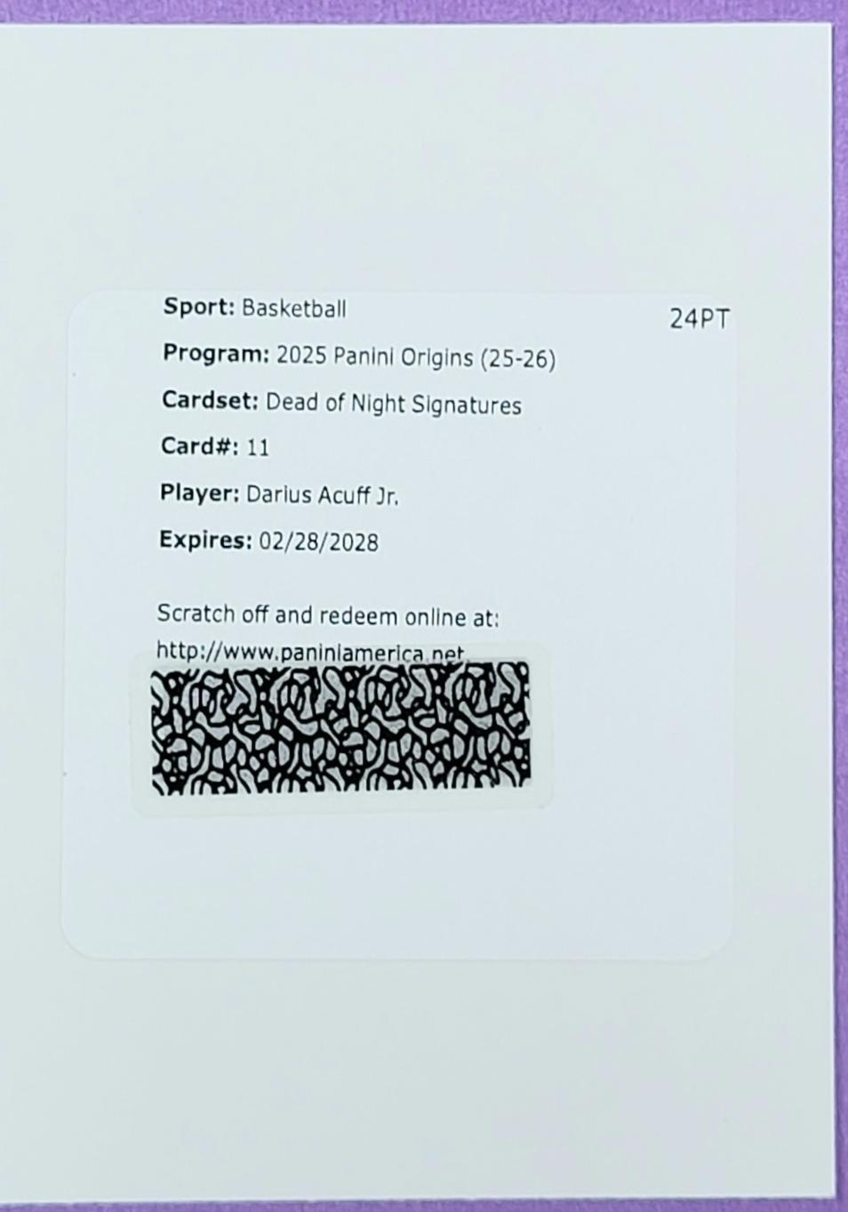 Darius Acuff Jr. #11 2025 Panini Origins Dead Of Night Signature Basketball