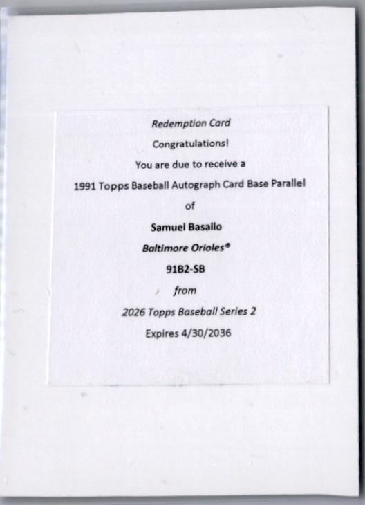 Samuel Basallo #91B2-SB 2026 Topps Series 2 1991 Autograph Baseball
