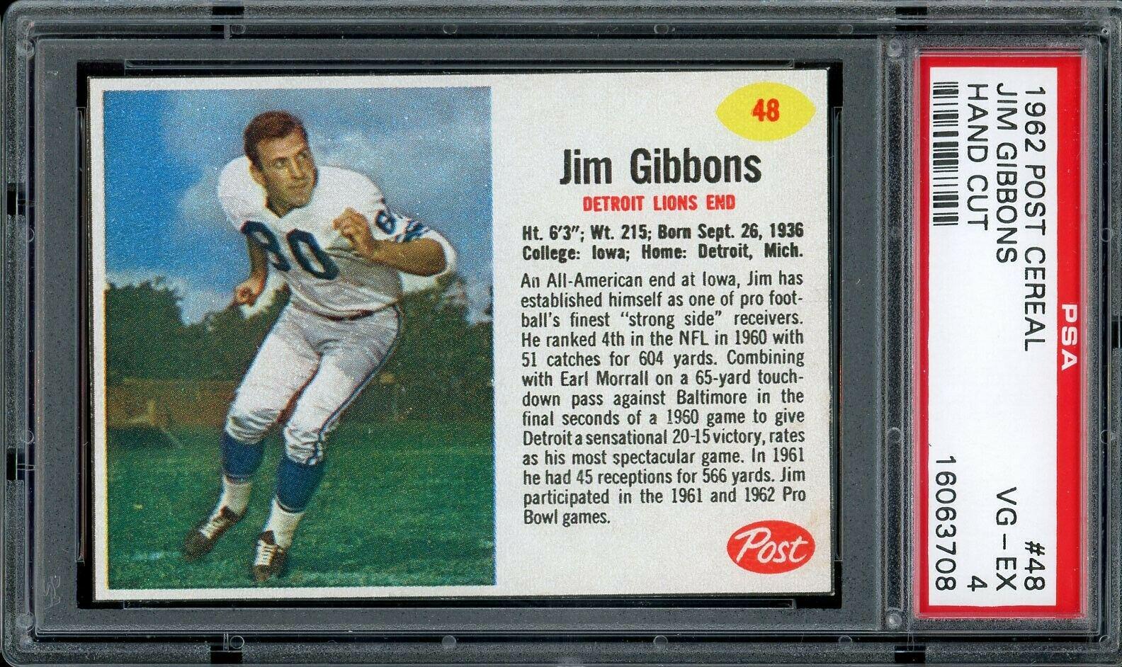 Jim Gibbons #48 Football Cards 1962 Post Cereal