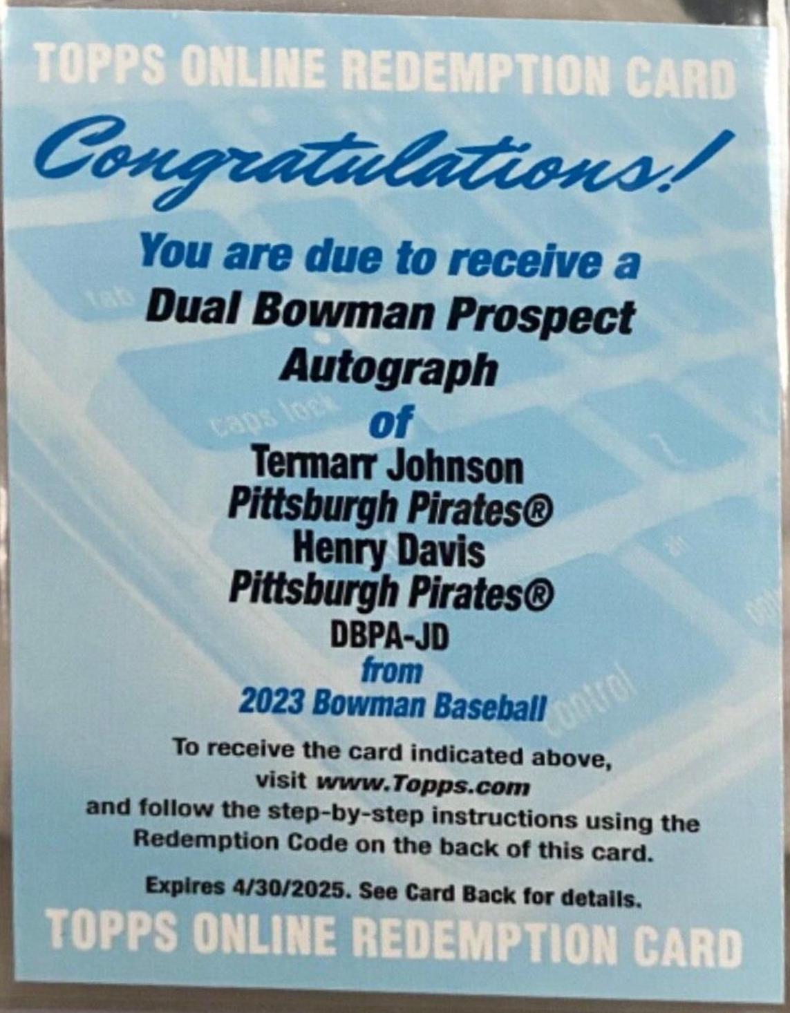 Henry Davis, Termarr Johnson #DBPA-JD Baseball Cards 2023 Bowman Dual Prospect Autographs