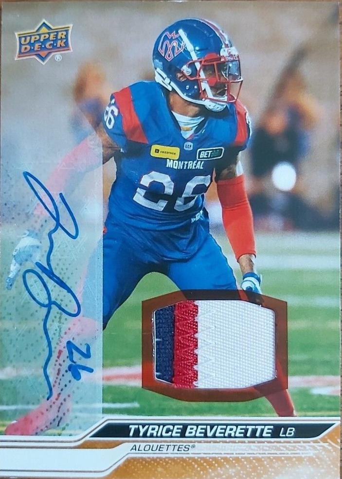 Tyrice Beverette #72 Football Cards 2024 Upper Deck CFL Game Patch Autograph
