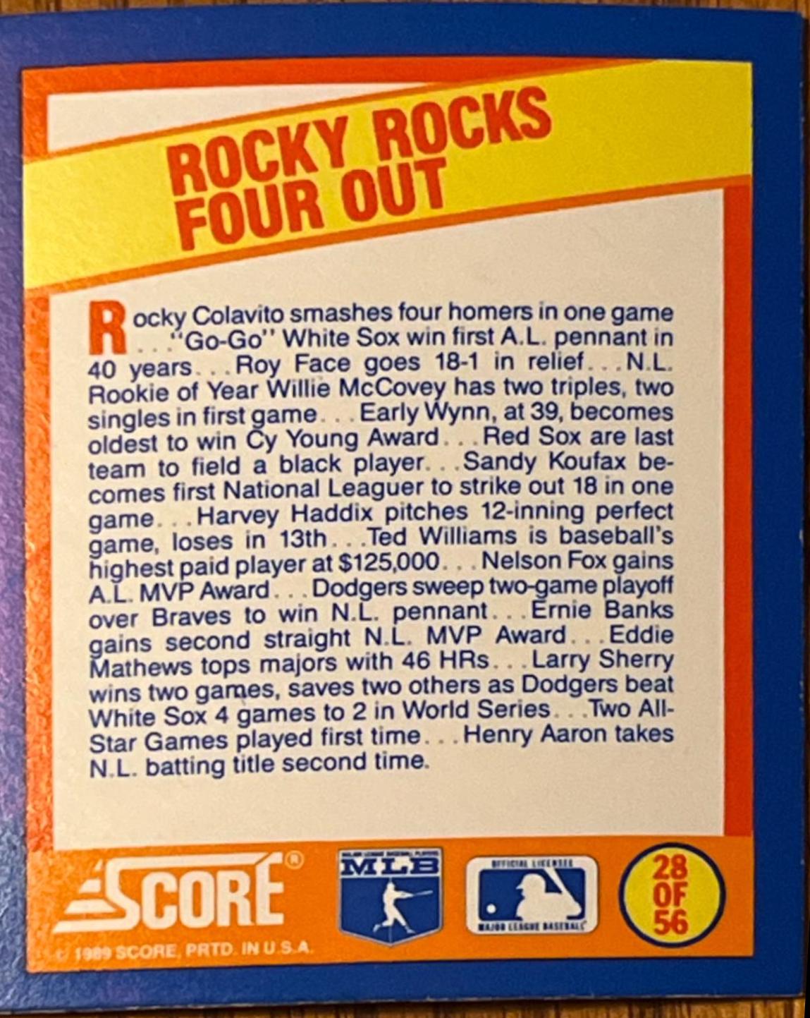 Rocky Rocks Four out #28 Baseball Cards 1989 Score Magic Motion Trivia A Year to Remember