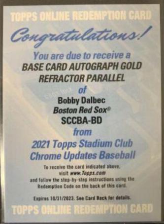 Bobby Dalbec #SCCBA-BD 2021 Stadium Club Chrome Baseball Autographs