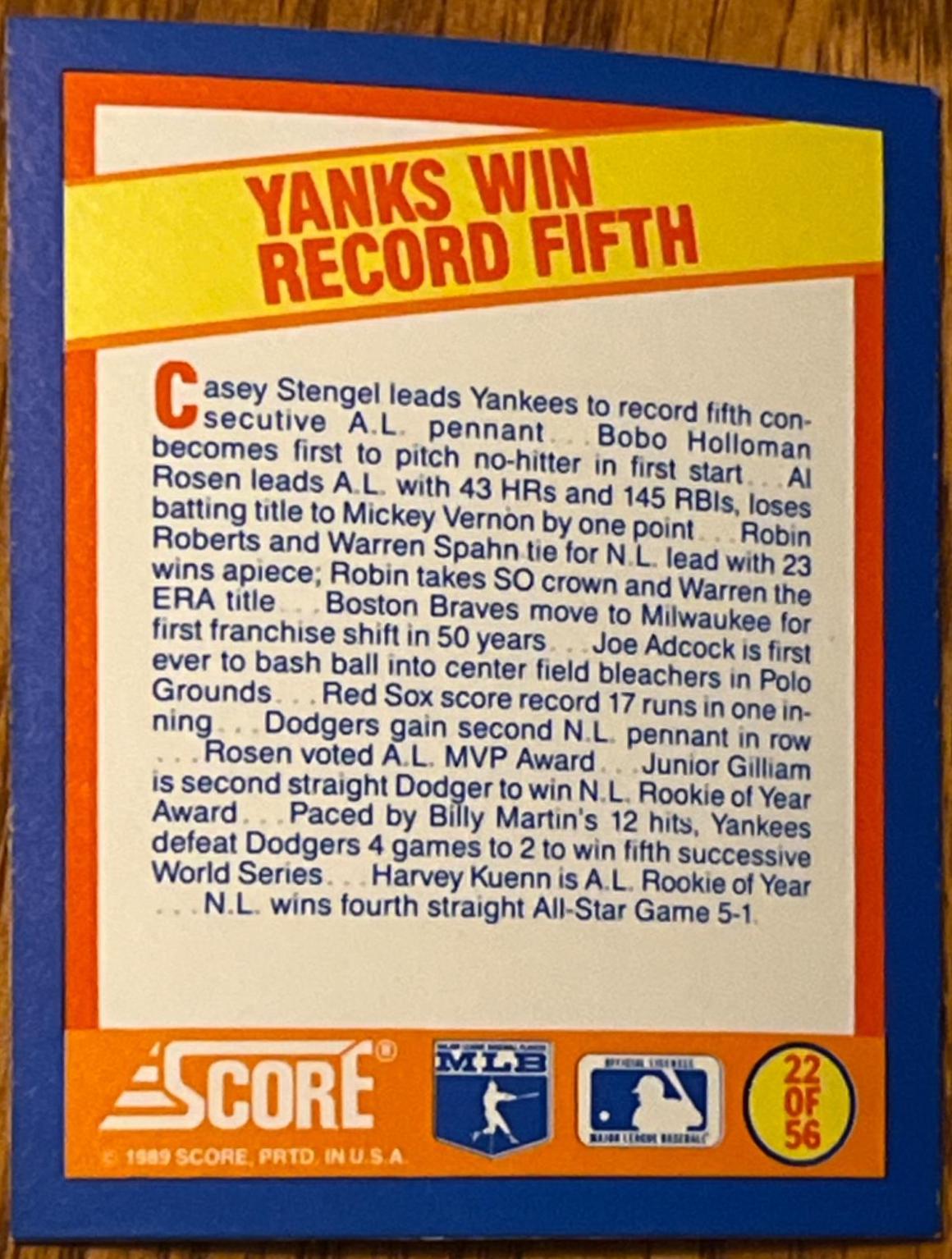 Yanks Win Record Fifth #22 Baseball Cards 1989 Score Magic Motion Trivia A Year to Remember