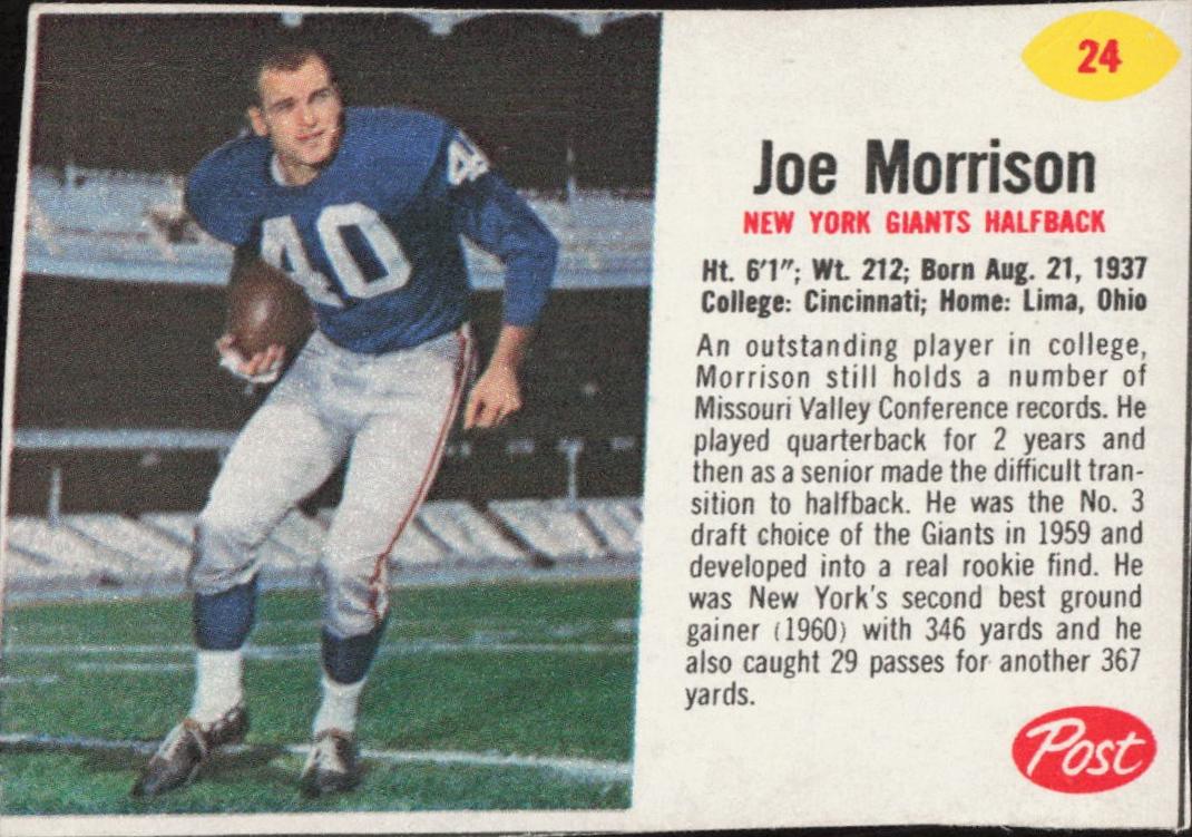 Joe Morrison #24 Football Cards 1962 Post Cereal