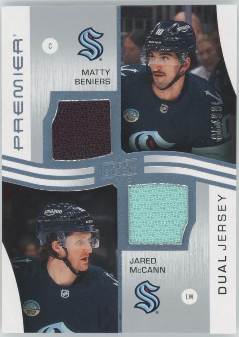 Matty Beniers / Jared McCann #PD-MBJM Hockey Cards 2023 Upper Deck Premier Dual Patch