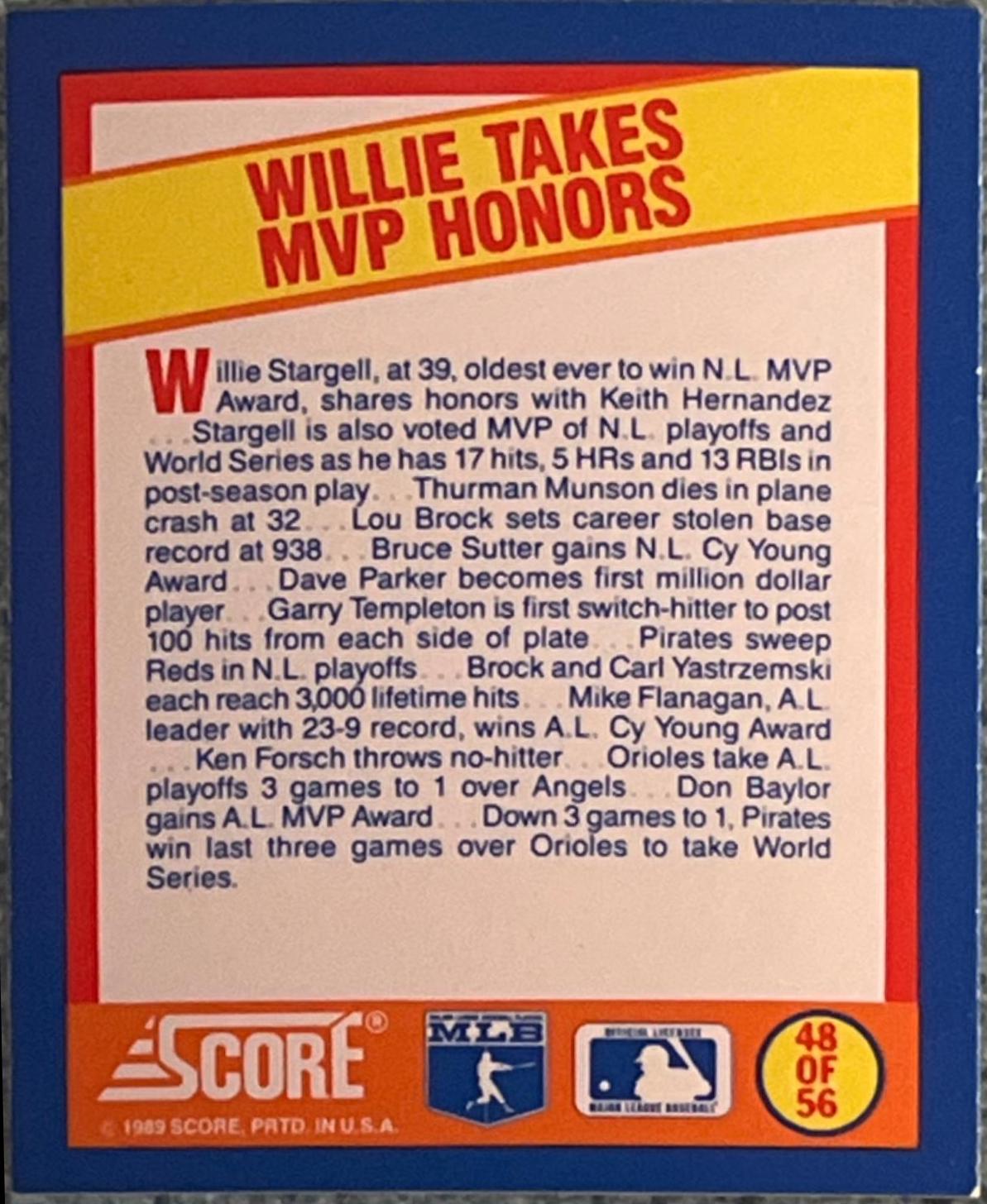 Willie Takes MVP Honors #48 Baseball Cards 1989 Score Magic Motion Trivia A Year to Remember