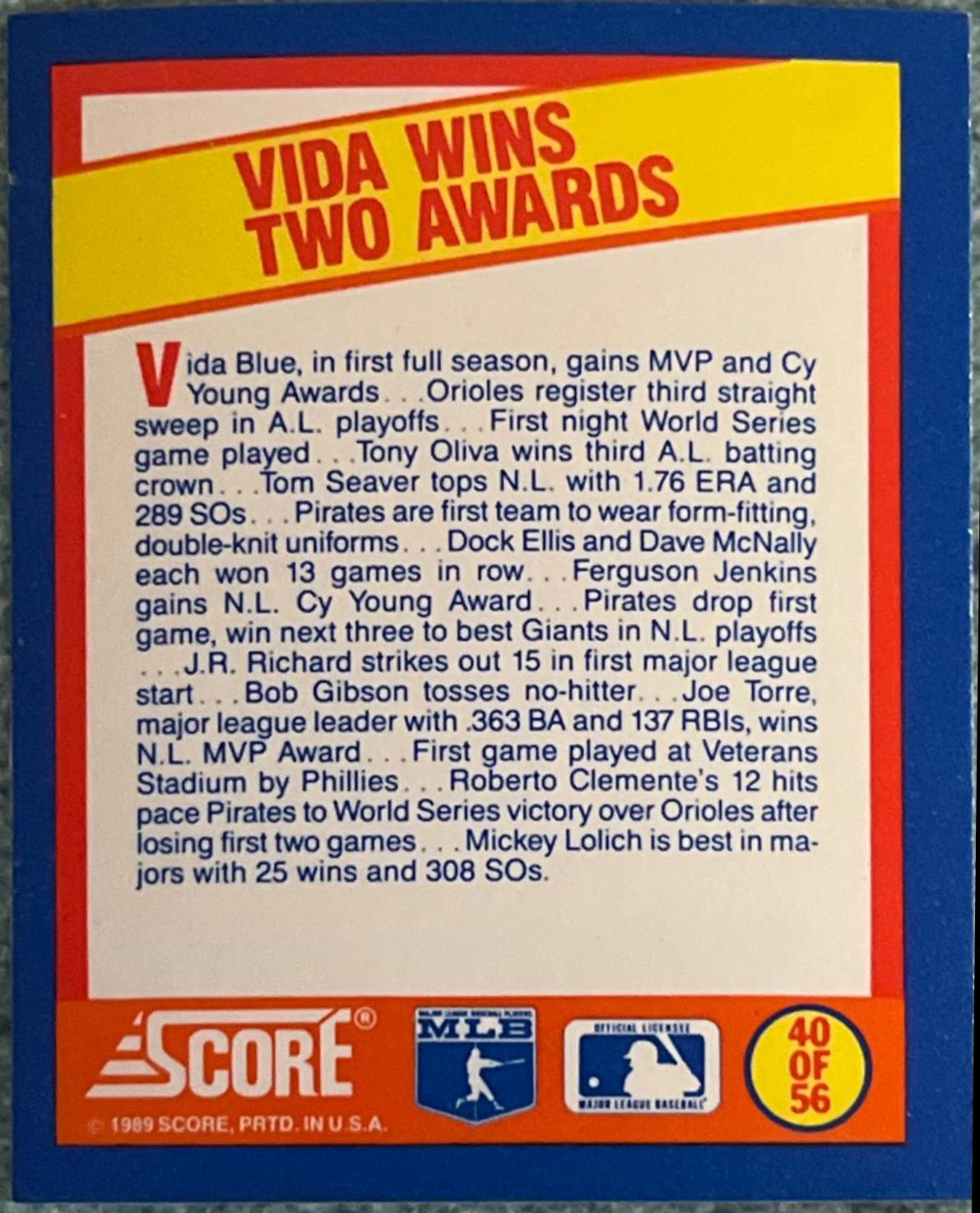 Vida Wins Two Awards #40 Baseball Cards 1989 Score Magic Motion Trivia A Year to Remember