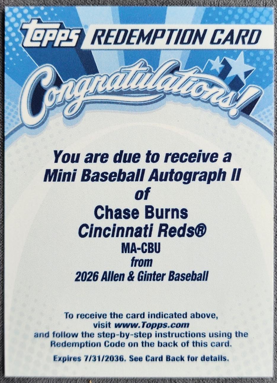 Chase Burns #MA-CBU 2026 Topps Allen & Ginter Mini Autograph Baseball