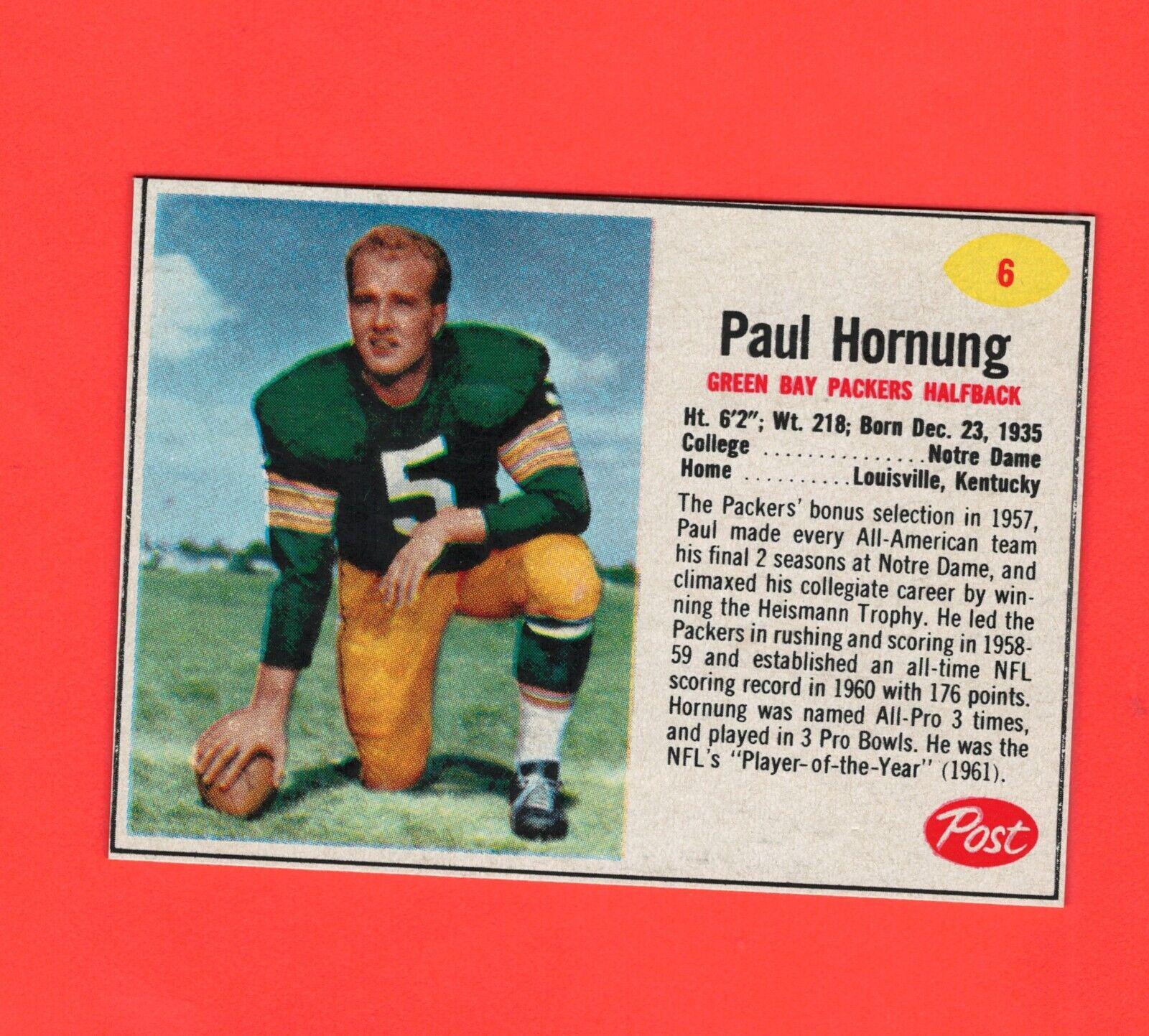 Paul Hornung #6 Football Cards 1962 Post Cereal