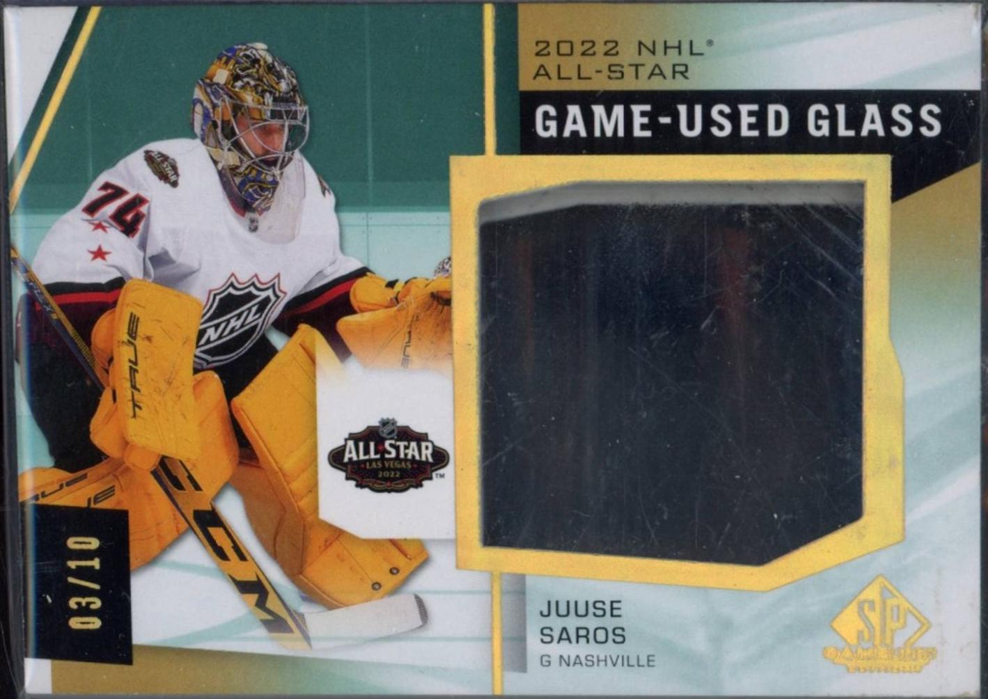 Juuse Saros #ASG-JS 2022-23 SP Game Used 2022 NHL All-Star Game Rink Glass Relics