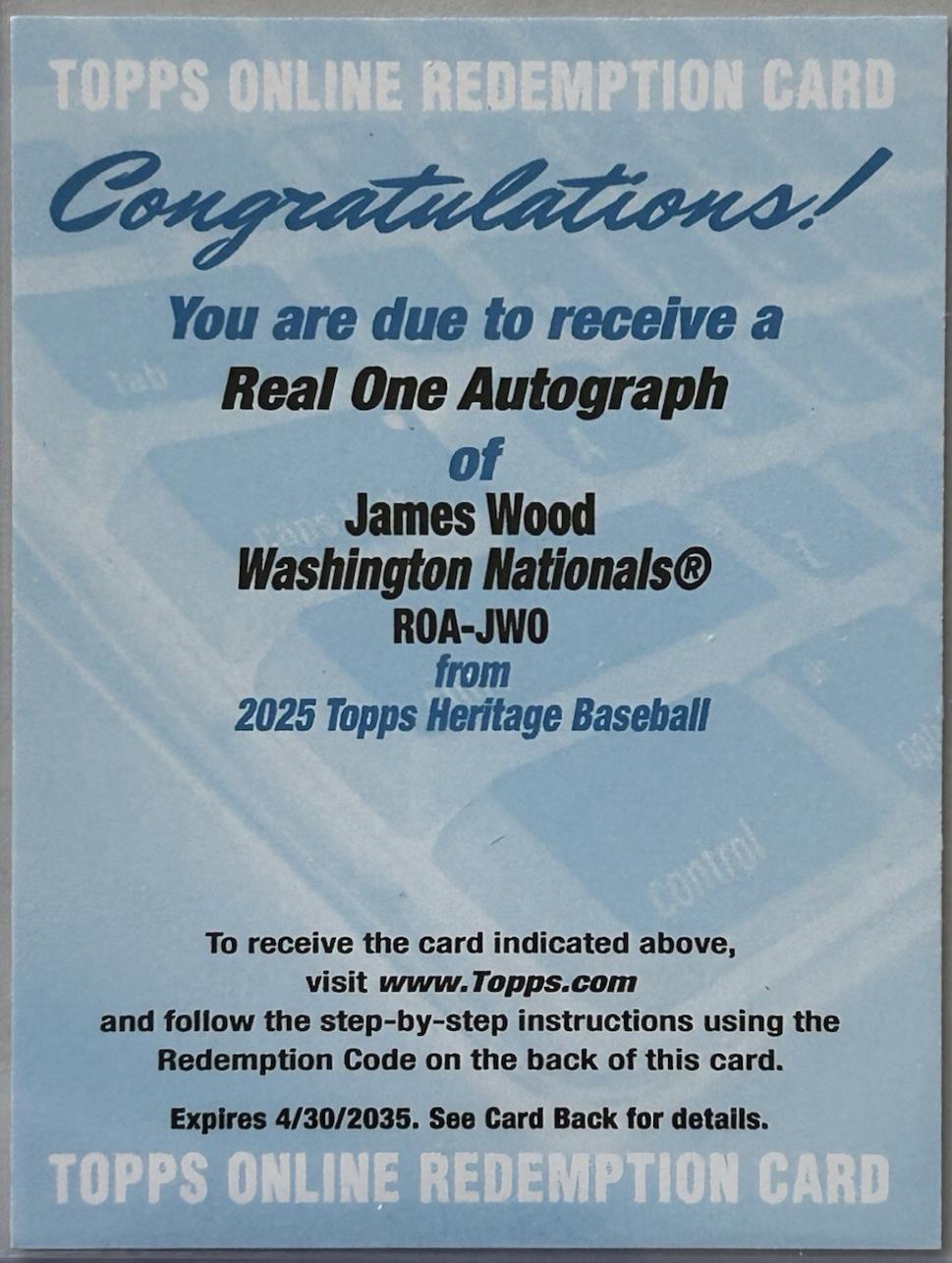 James Wood #ROA-JWO Baseball Cards 2025 Topps Heritage Real One Autograph