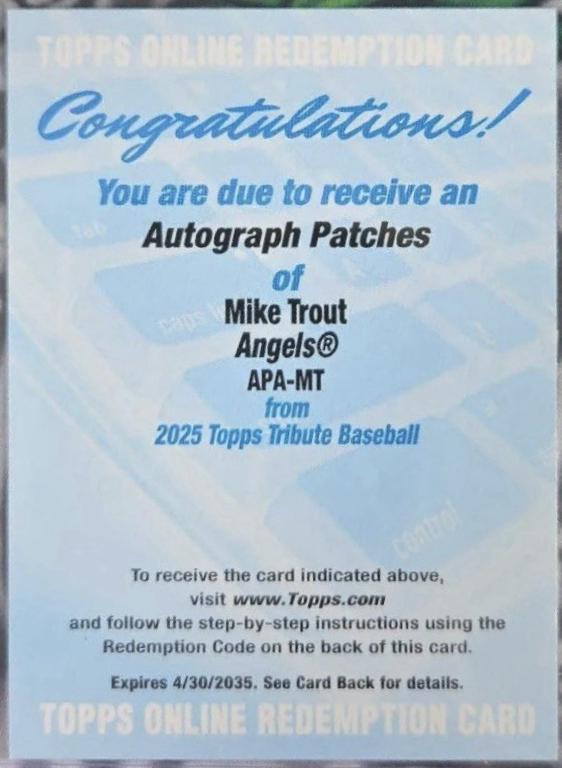 Mike Trout #APA-MT Baseball Cards 2025 Topps Tribute Autograph Patch