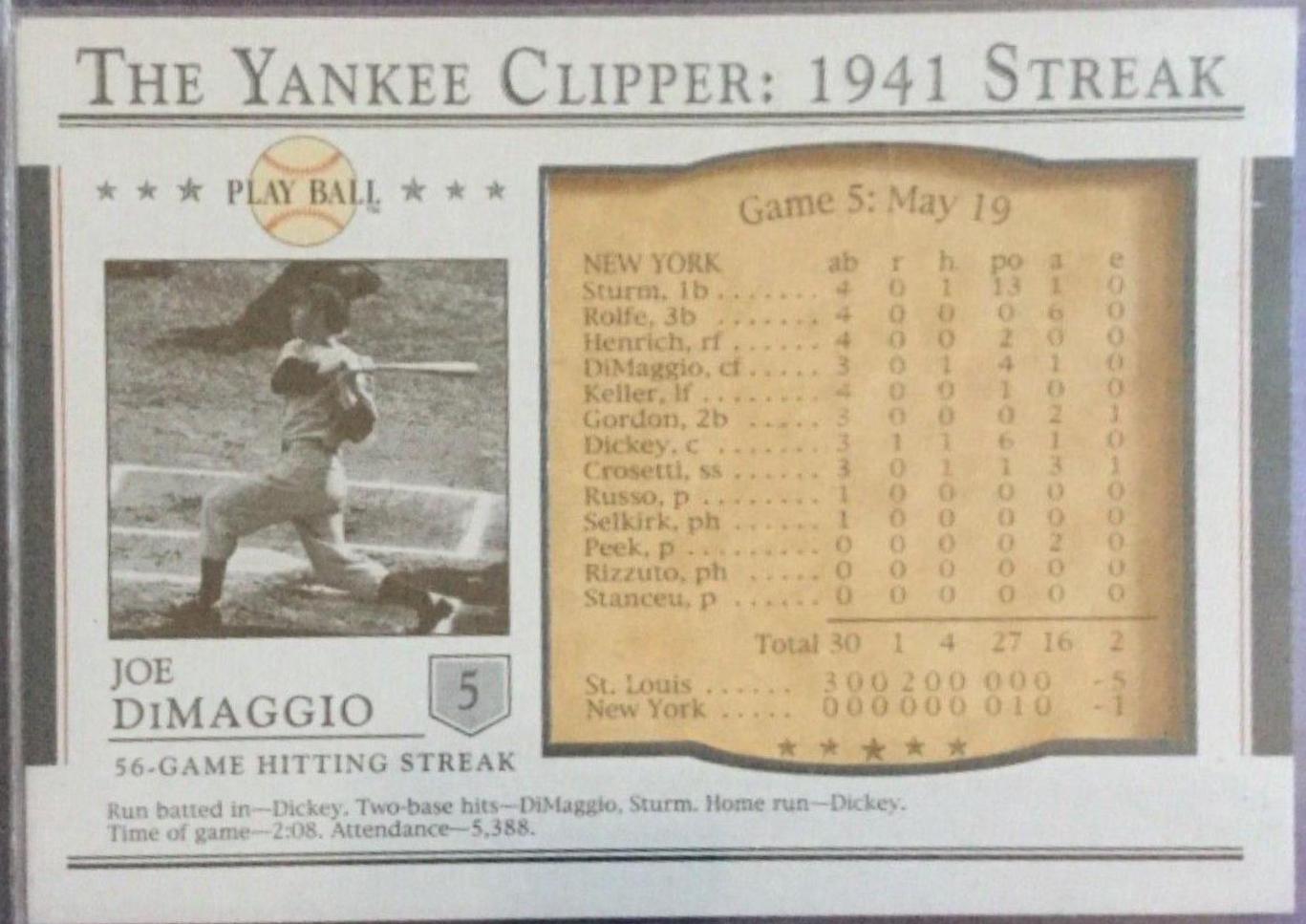 Joe Dimaggio #S-5 Baseball Cards 2003 Upper Deck Play Ball 1941 Streak