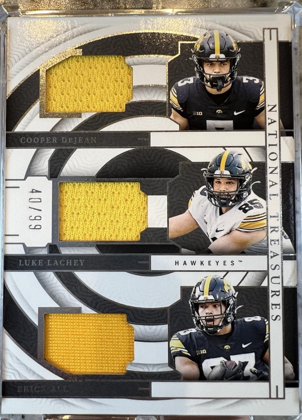 Erick All / Luke Lachey / Cooper DeJean #TTM-IOWA Football Cards 2024 Panini National Treasures Collegiate Team Trio Materials