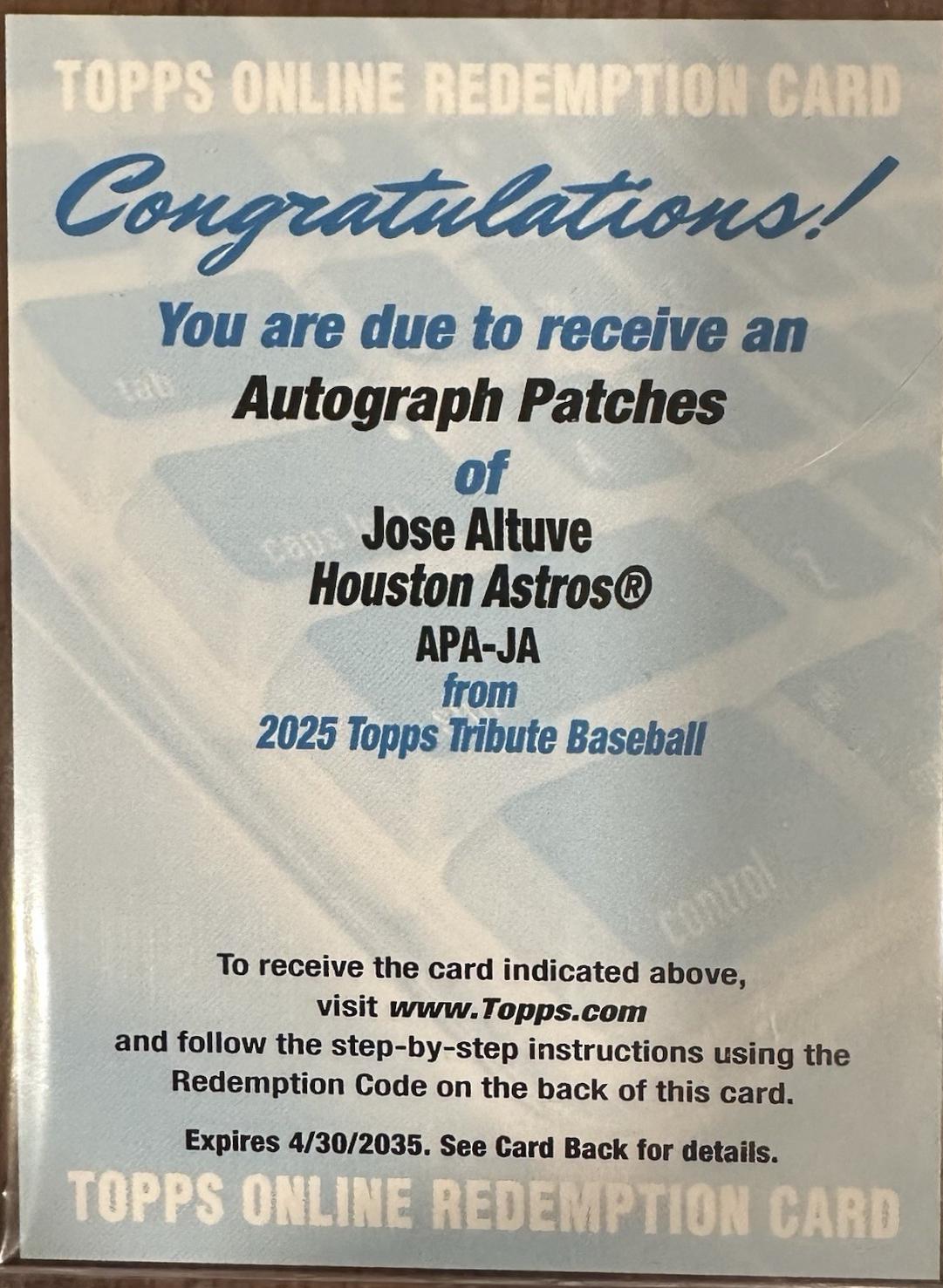 Jose Altuve #APA-JA Baseball Cards 2025 Topps Tribute Autograph Patch