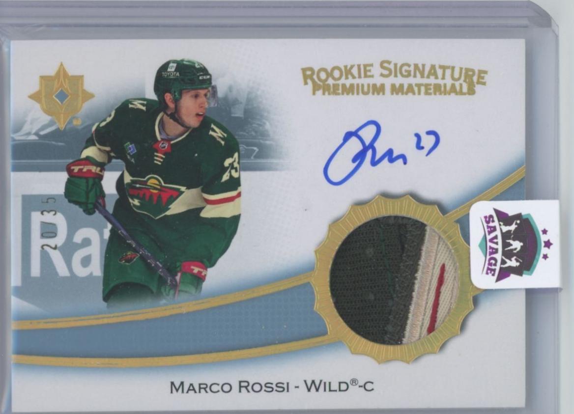 Marco Rossi #RSP-MR Hockey Cards 2022 Upper Deck Ultimate Collection Rookie Signature Premium Materials