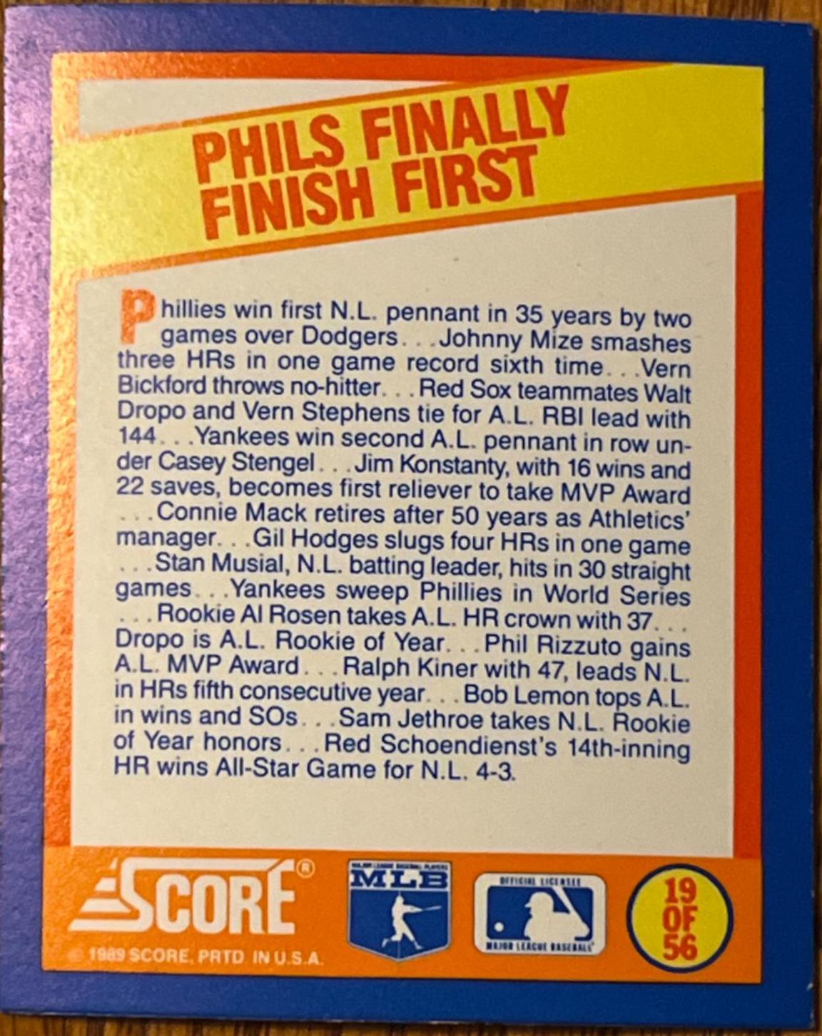 Phils Finally Finish First #19 Baseball Cards 1989 Score Magic Motion Trivia A Year to Remember