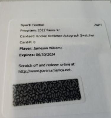 Jameson Williams #RSA-JW 2022 Panini XR Football Rookie Swatch Autographs