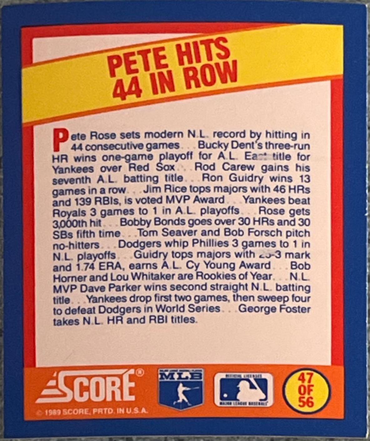 Pete Hits 44 In Row #47 Baseball Cards 1989 Score Magic Motion Trivia A Year to Remember