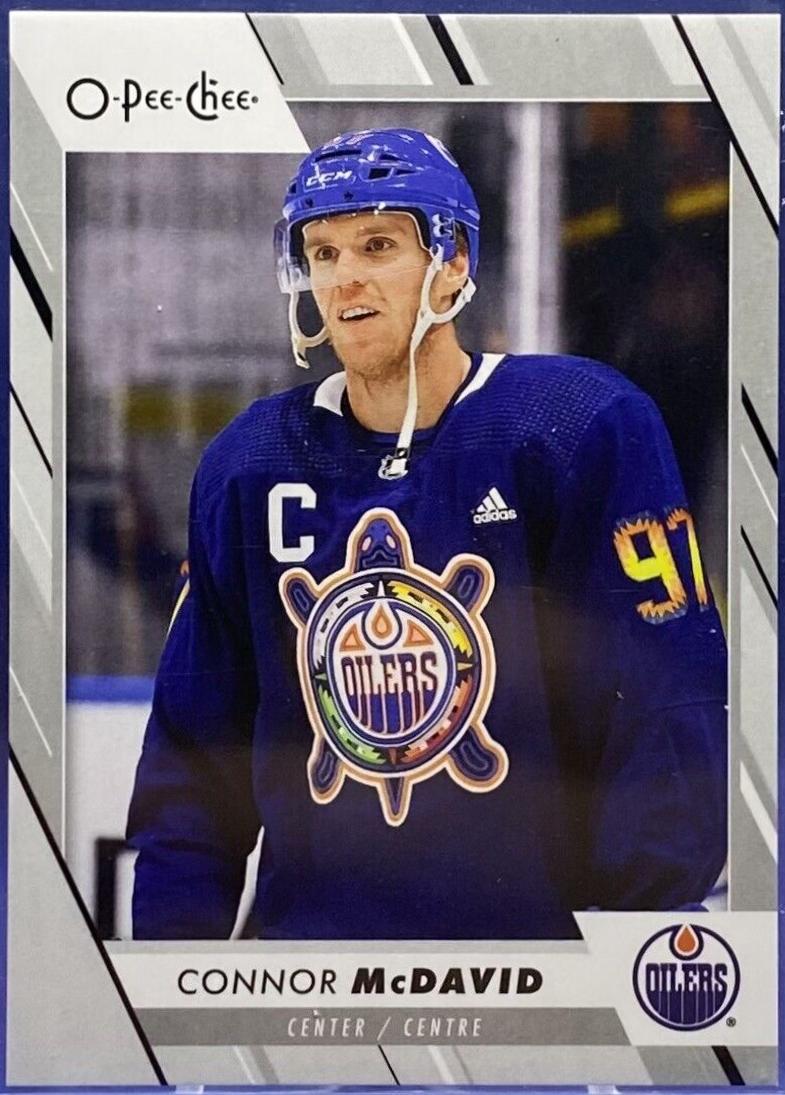 Connor McDavid #1 Hockey Cards 2023 O-Pee-Chee Pregame Warm-Up Jersey Photo