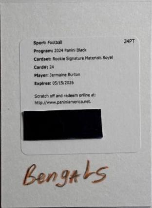 Jermaine Burton #RSM-24 2024 Panini Black Rookie Signature Materials Football