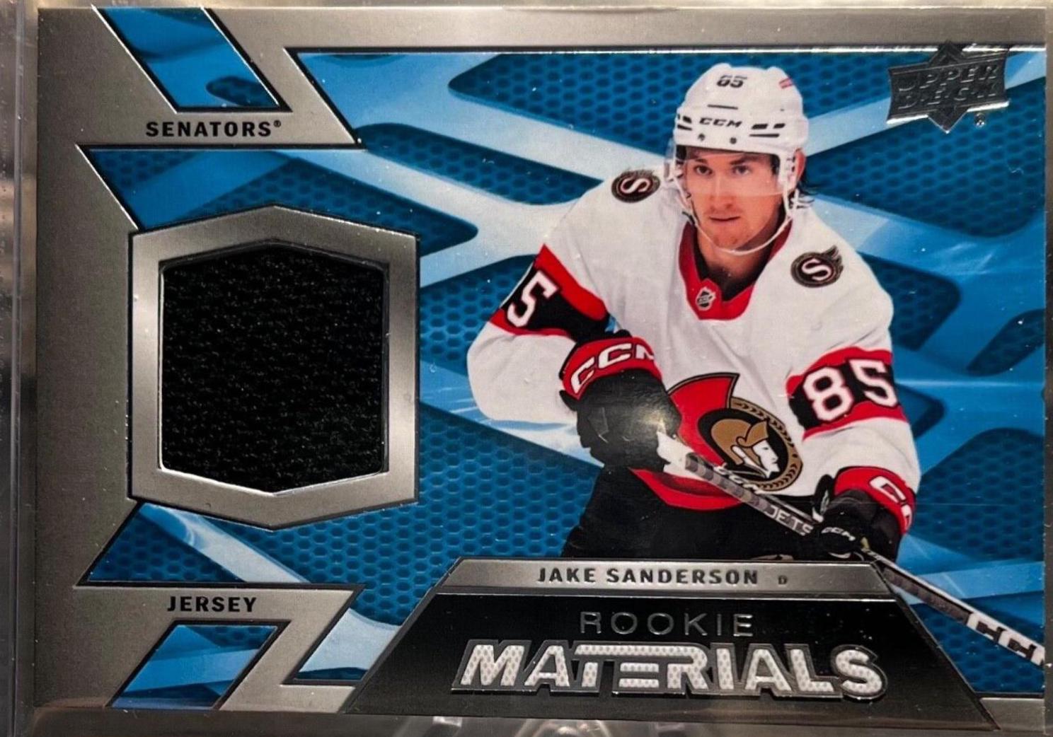 Jake Sanderson #RM-SA Hockey Cards 2022 Upper Deck Rookie Materials