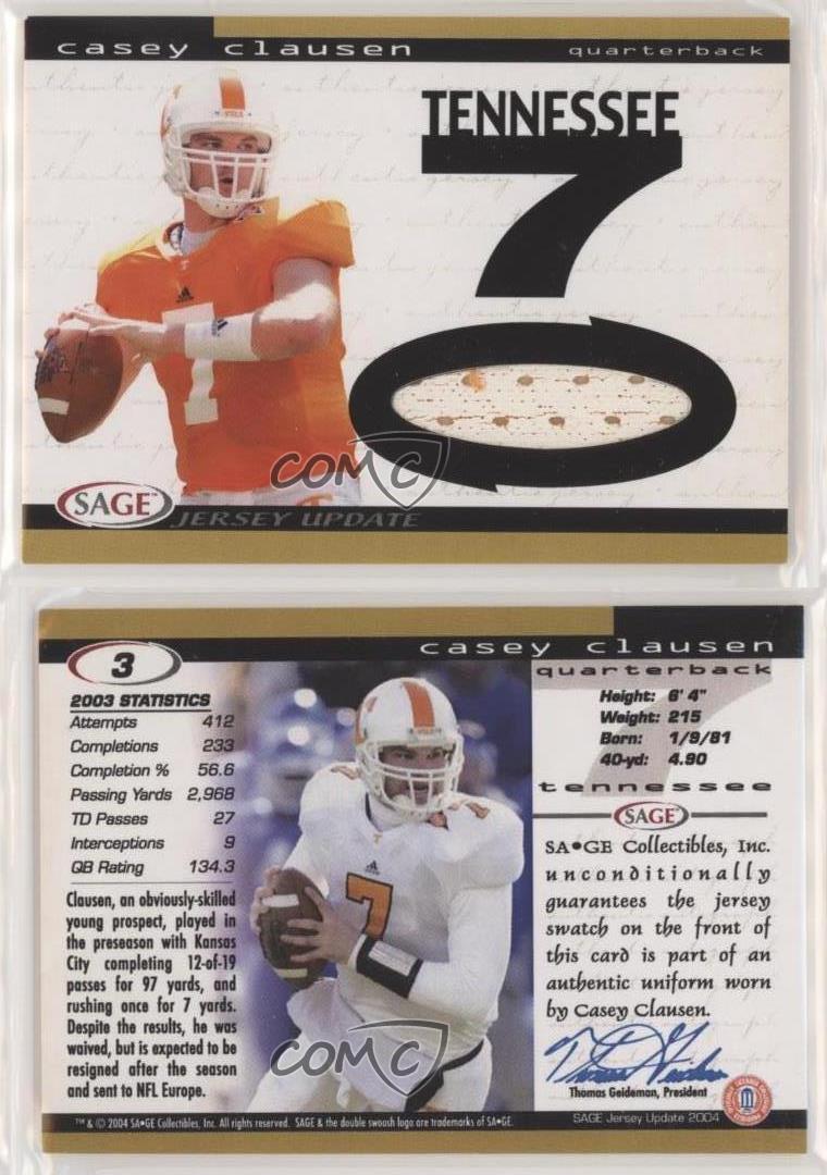 Casey Clausen #3 Football Cards 2004 Sage Hit Jersey