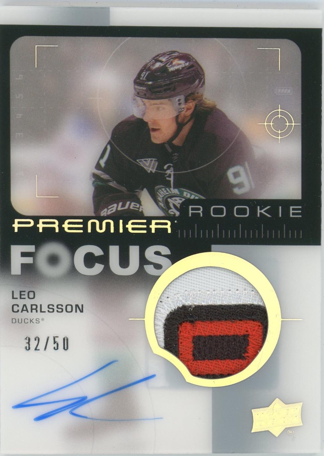 Leo Carlsson #PFR-LC Hockey Cards 2023 Upper Deck Premier Focus Auto Patch Rookie