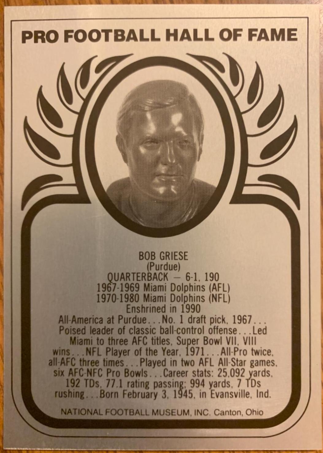 Bob Griese #NNO Football Cards 1961 National City Browns
