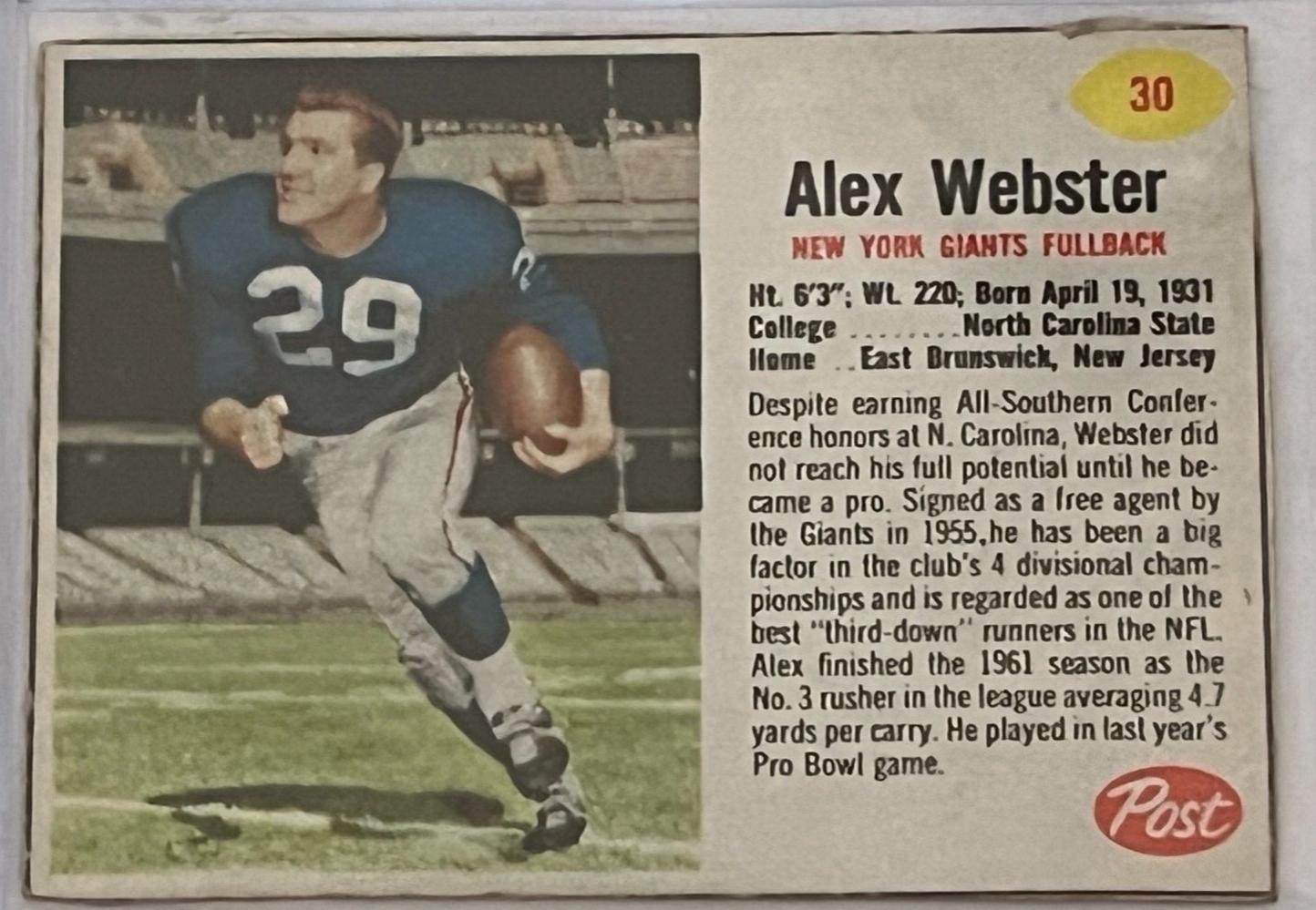 Alex Webster #30 Football Cards 1962 Post Cereal