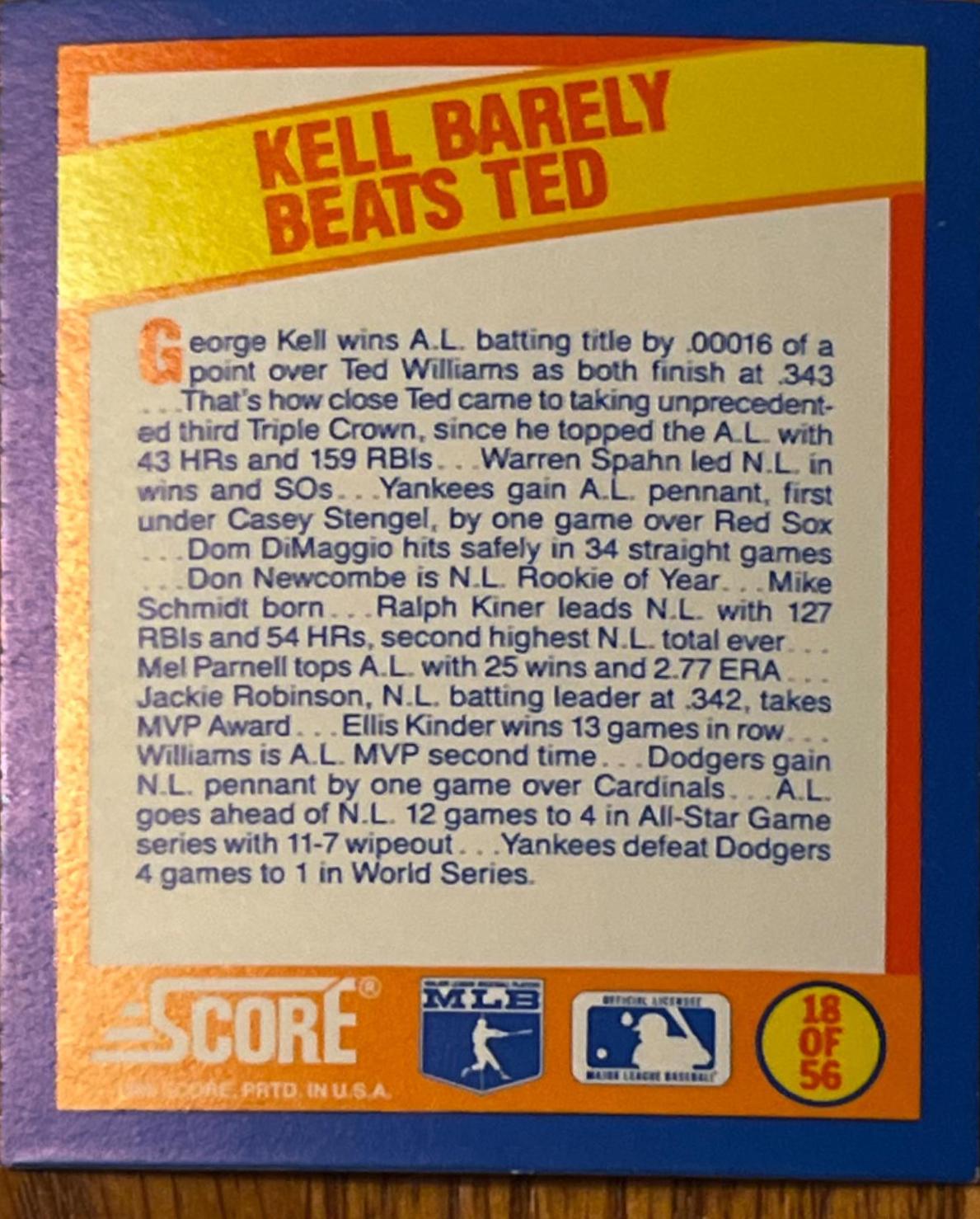 Kell Barely Beats Ted #18 Baseball Cards 1989 Score Magic Motion Trivia A Year to Remember