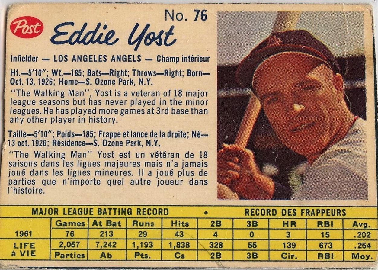 Eddie Yost #76 1962 Post Canadian Baseball