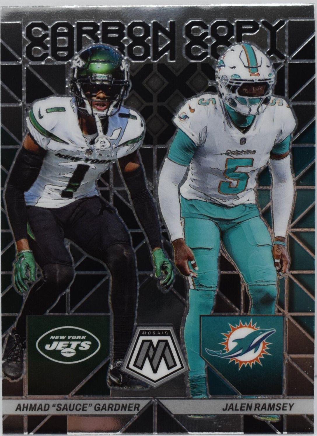 Ahmad 'Sauce' Gardner, Jalen Ramsey #CC-10 Football Cards 2023 Panini Mosaic Carbon Copy