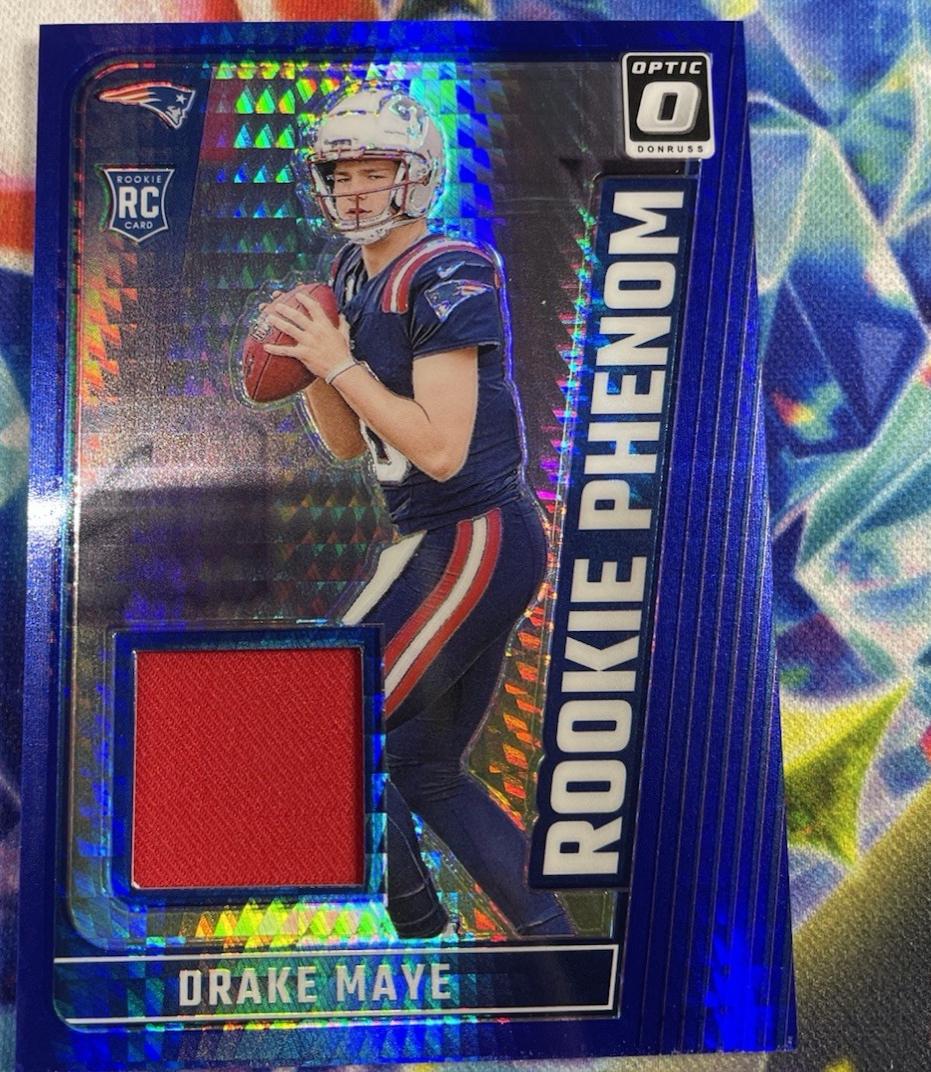 Drake Maye #RPB-DME Football Cards 2024 Panini Donruss Optic Rookie Phenom Blue Hyper