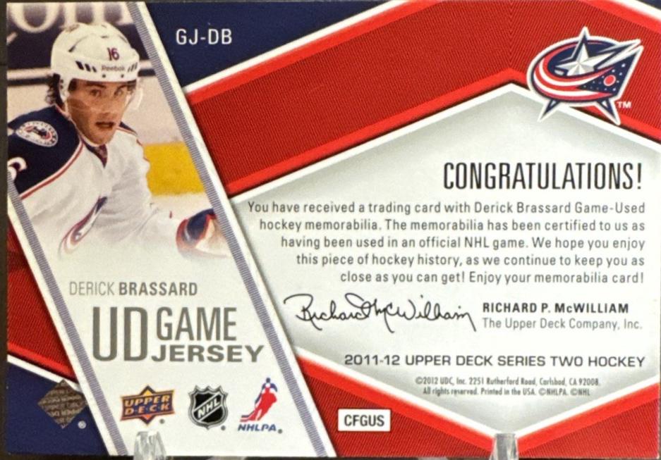 Derick Brassard #GJ-DB 2011-12 Upper Deck Hockey UD Game Jersey
