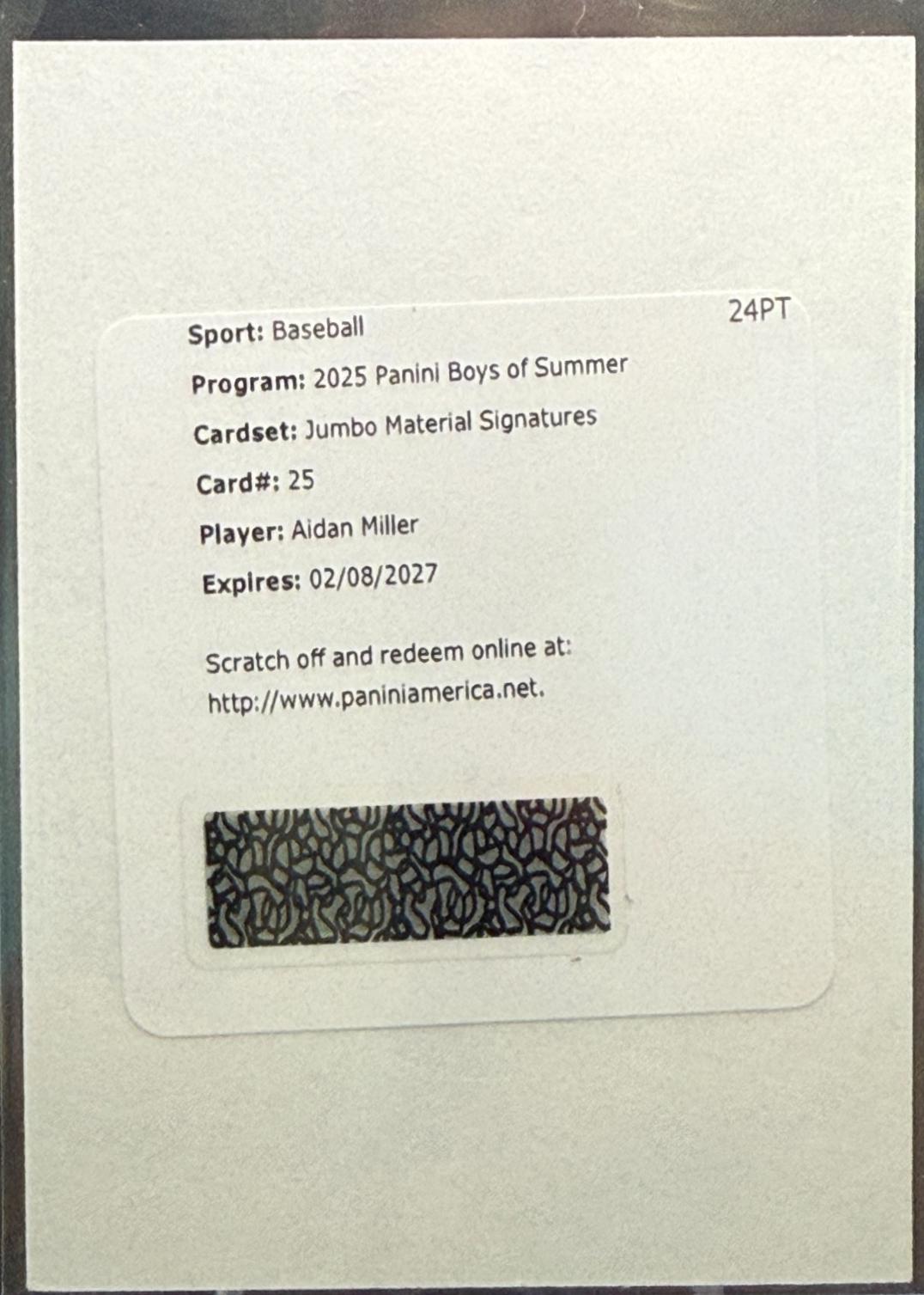Aidan Miller #25 2025 Panini Boys of Summer Baseball Jumbo Material Signatures