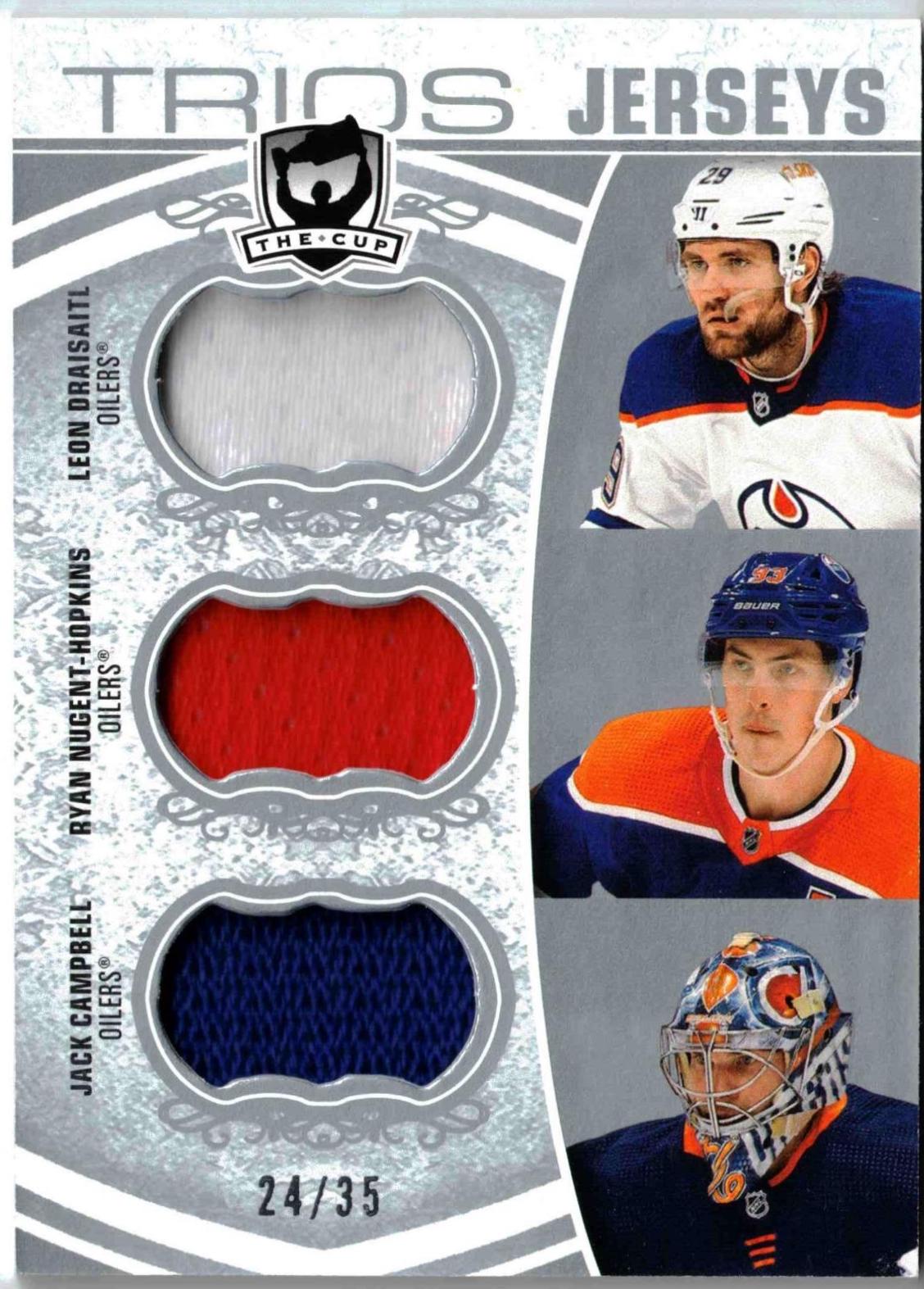 Leon Draisaitl/Ryan Nugent-Hopkins/Jack Campbell #C3-CND Hockey Cards 2022 Upper Deck The Cup Trios Jersey