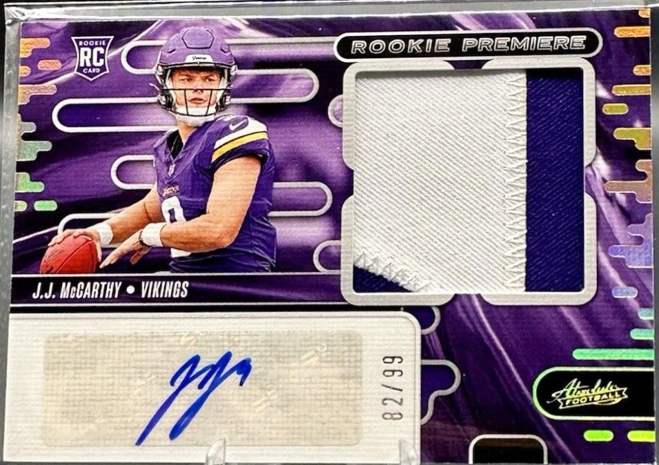 J.J. McCarthy #RPMA-JMY Football Cards 2024 Panini Absolute Rookie Premiere Quad Materials Auto