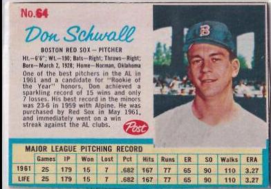 Don Schwall #64 1962 Post Cereal Baseball