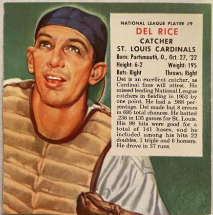 Del Rice #9 Baseball Cards 1954 Red Man Tobacco
