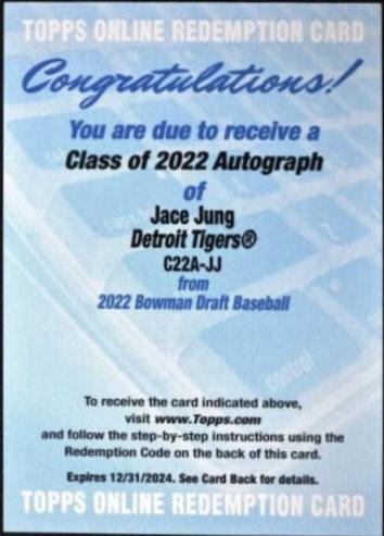 Jace Jung #C22A-JJ Baseball Cards 2022 Bowman Draft Class of Autographs