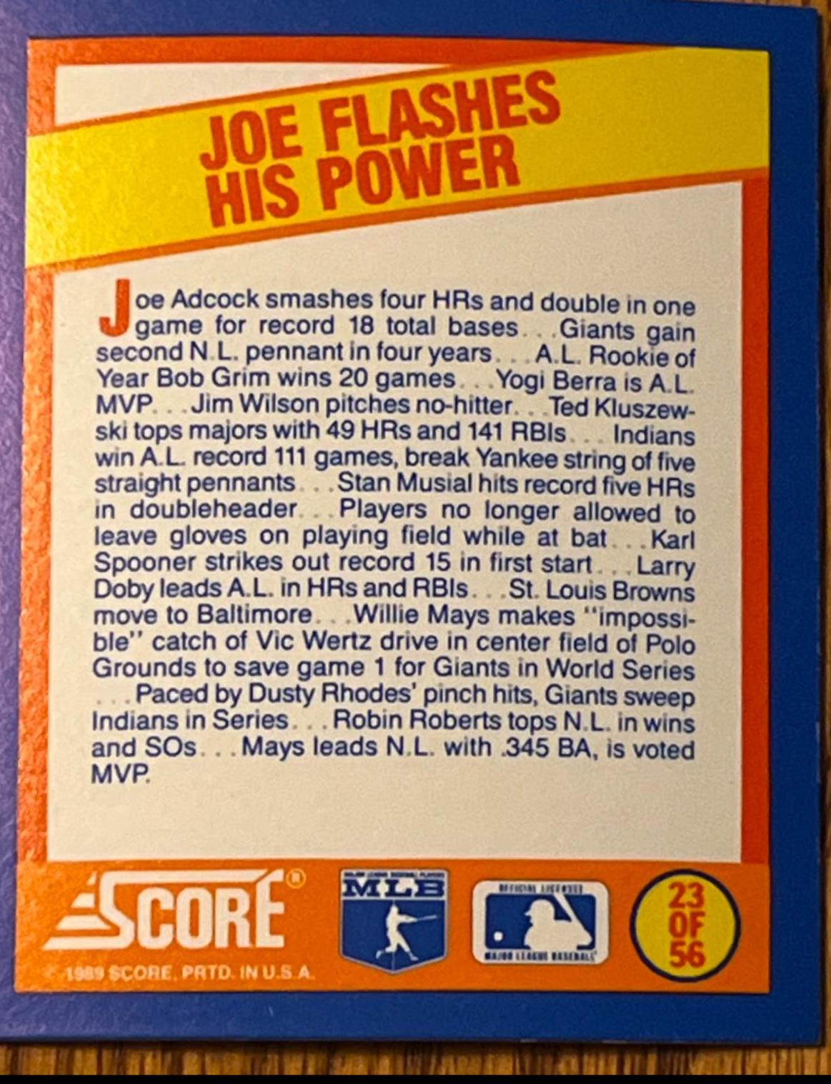 Joe Flashes His Power #23 Baseball Cards 1989 Score Magic Motion Trivia A Year to Remember