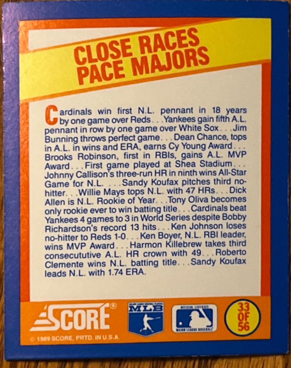 Close Races Pace Majors #33 Baseball Cards 1989 Score Magic Motion Trivia A Year to Remember