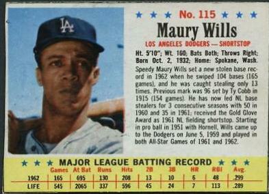 Maury Wills #115 1963 Post Cereal Baseball