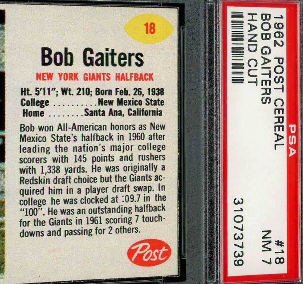 Bob Gaiters #18 Football Cards 1962 Post Cereal
